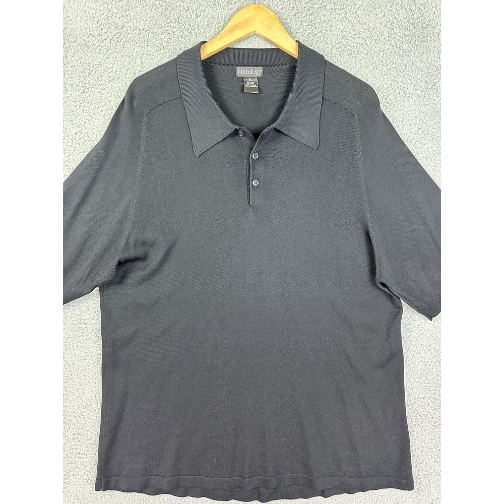 Anthology Polo Shirt Mens XL Black 100% Silk Knit Short Sleeve Luxury Collared